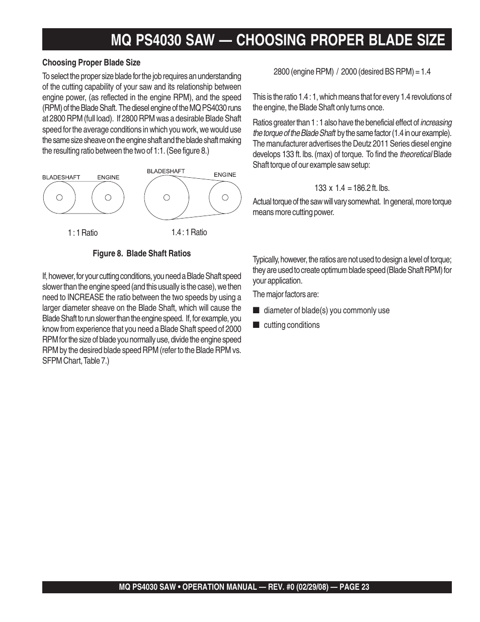 Mq ps4030 saw — choosing proper blade size | Multiquip PS403030 User Manual | Page 23 / 62