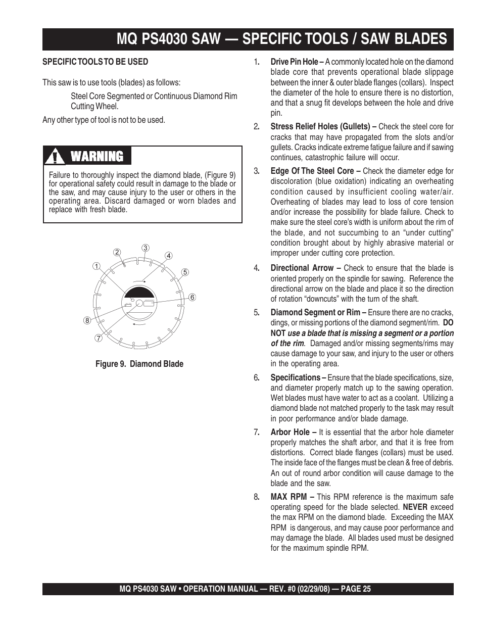 Mq ps4030 saw — specific tools / saw blades, Warning | Multiquip PS403030 User Manual | Page 25 / 62