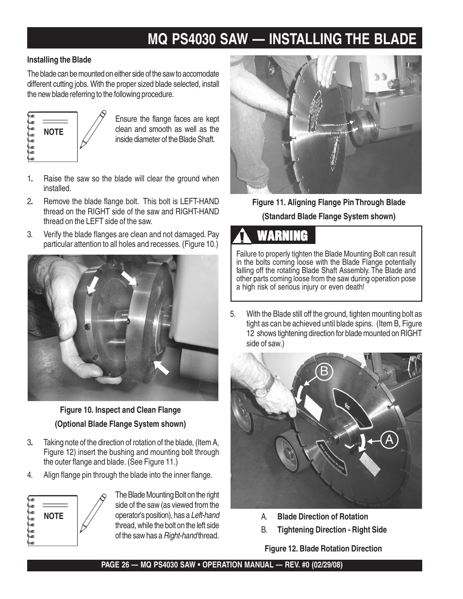 Mq ps4030 saw — installing the blade, Warning | Multiquip PS403030 User Manual | Page 26 / 62