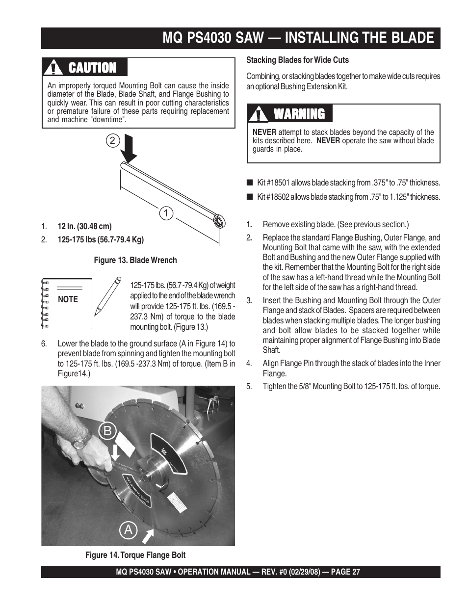 Mq ps4030 saw — installing the blade, Caution, Warning | Multiquip PS403030 User Manual | Page 27 / 62