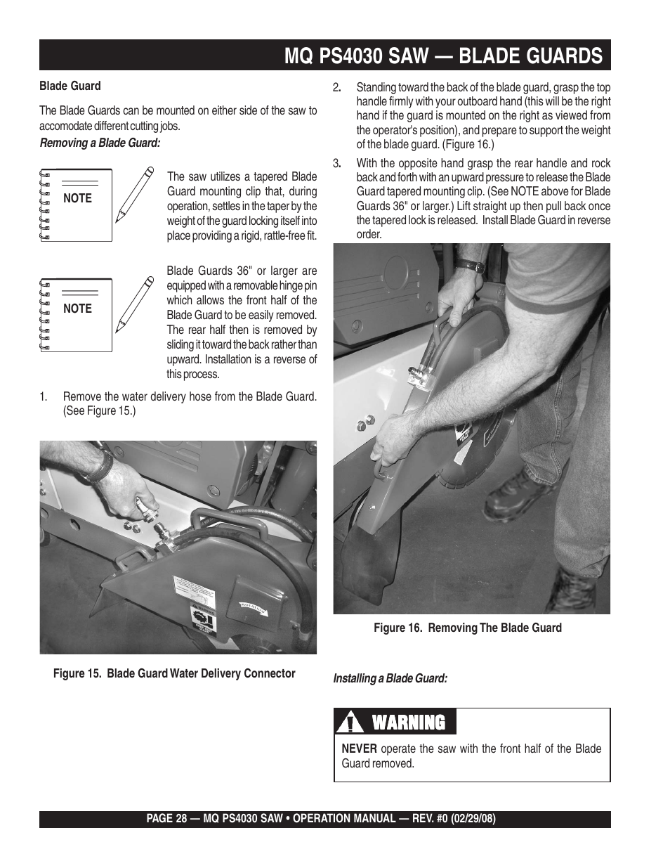 Mq ps4030 saw — blade guards, Warning | Multiquip PS403030 User Manual | Page 28 / 62