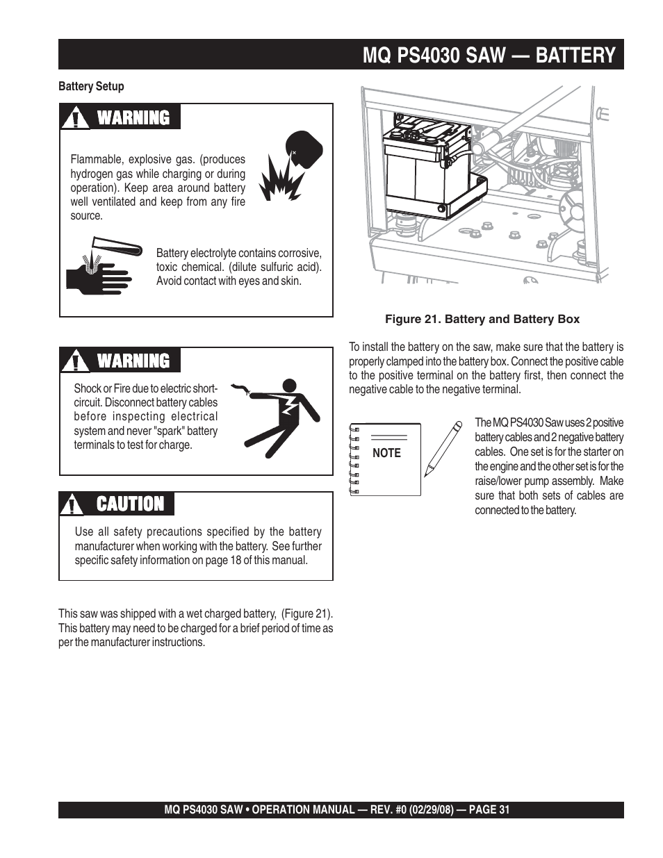 Mq ps4030 saw — battery, Caution, Warning | Multiquip PS403030 User Manual | Page 31 / 62