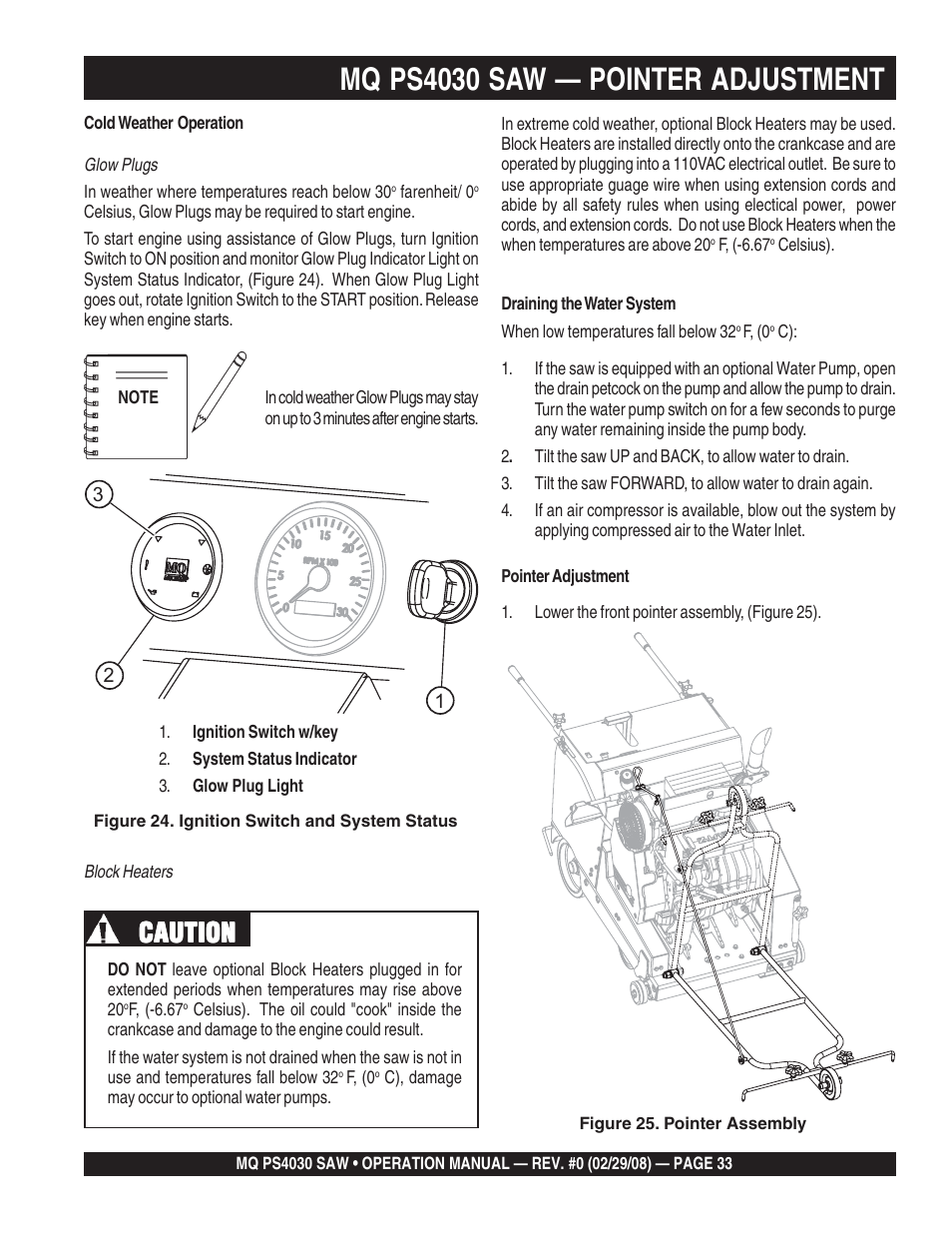 Mq ps4030 saw — pointer adjustment, Caution | Multiquip PS403030 User Manual | Page 33 / 62