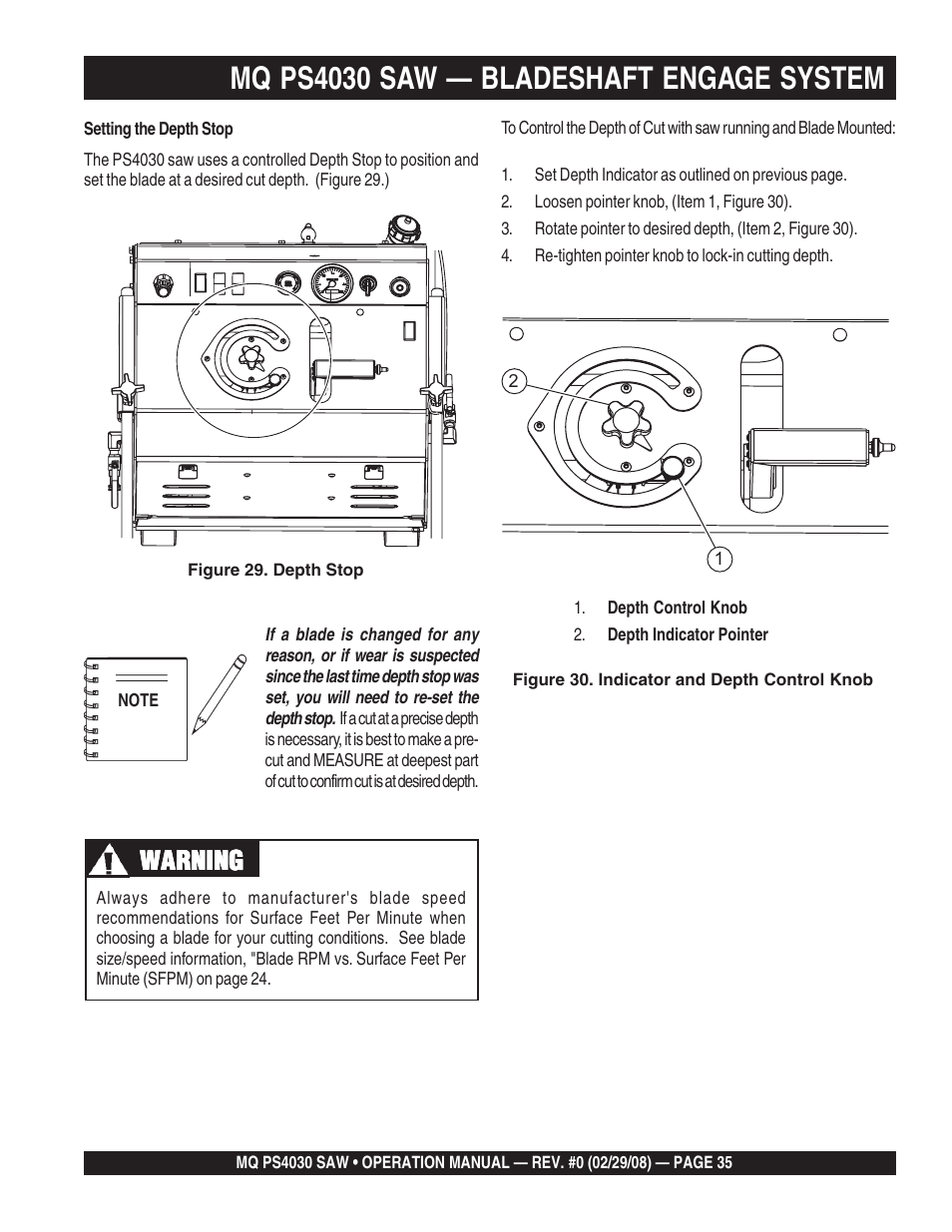 Mq ps4030 saw — bladeshaft engage system, Warning | Multiquip PS403030 User Manual | Page 35 / 62