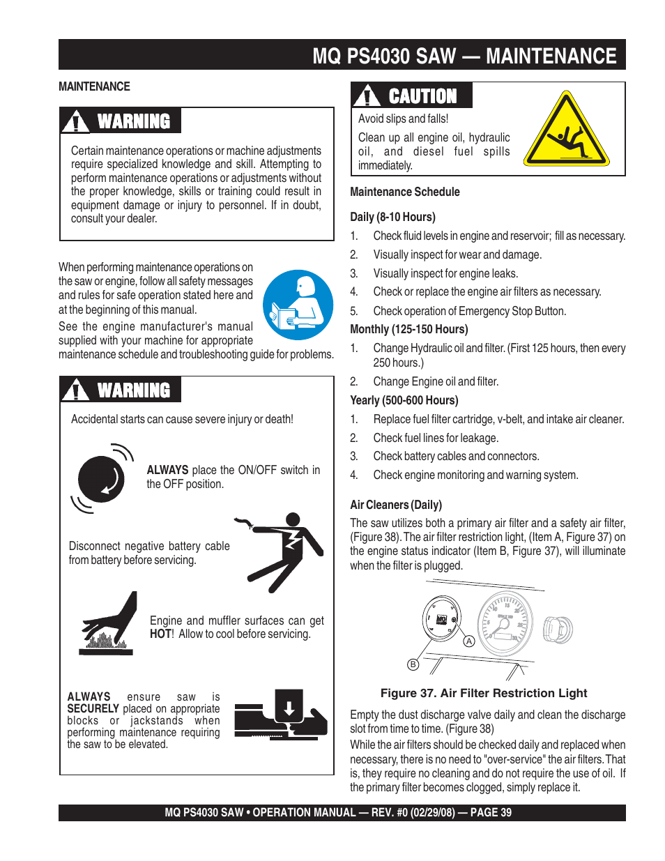 Mq ps4030 saw — maintenance, Warning, Caution | Multiquip PS403030 User Manual | Page 39 / 62