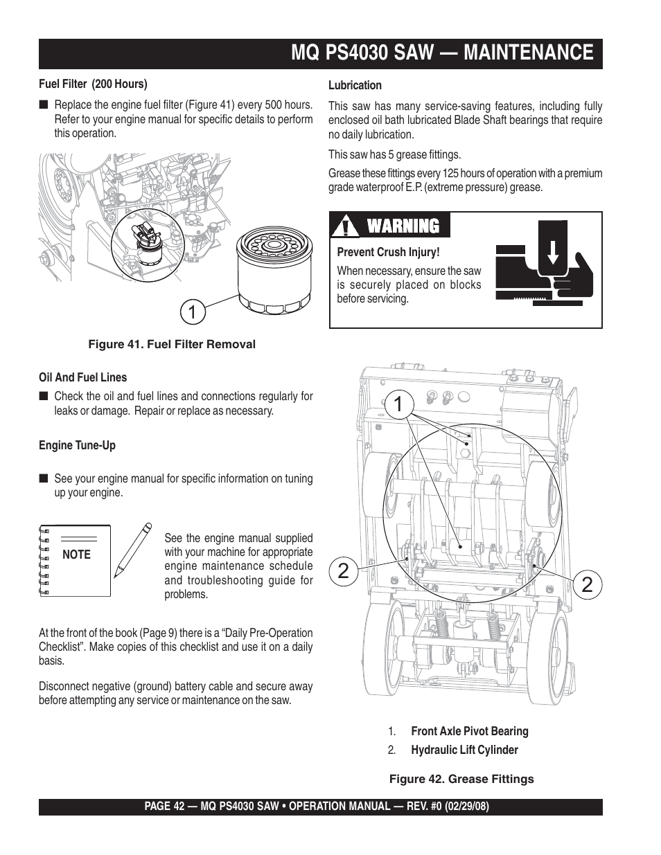 Mq ps4030 saw — maintenance, Warning | Multiquip PS403030 User Manual | Page 42 / 62