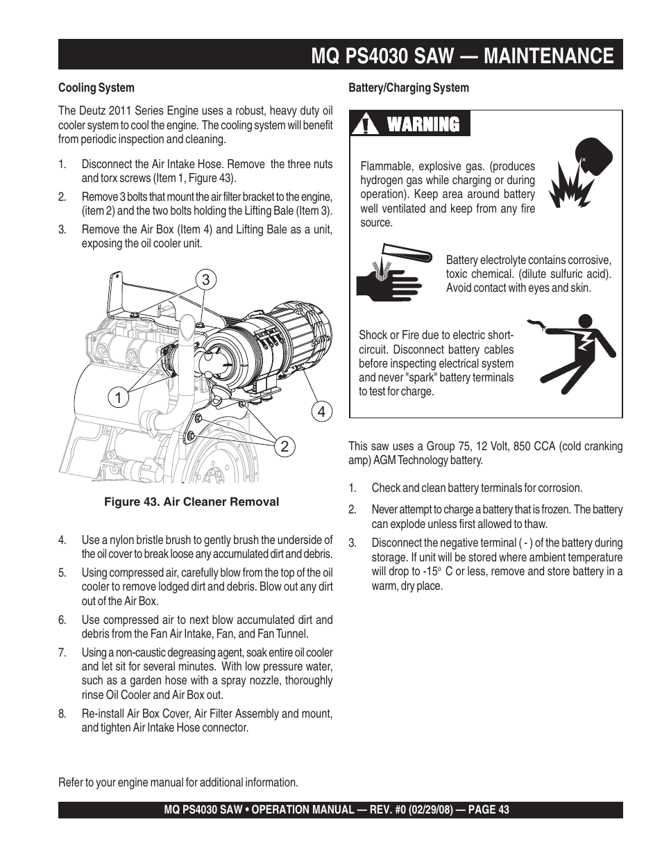 Mq ps4030 saw — maintenance, Warning | Multiquip PS403030 User Manual | Page 43 / 62