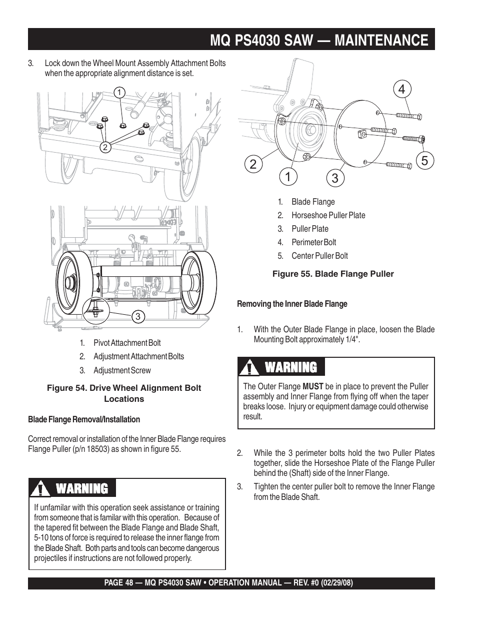 Mq ps4030 saw — maintenance, Warning | Multiquip PS403030 User Manual | Page 48 / 62