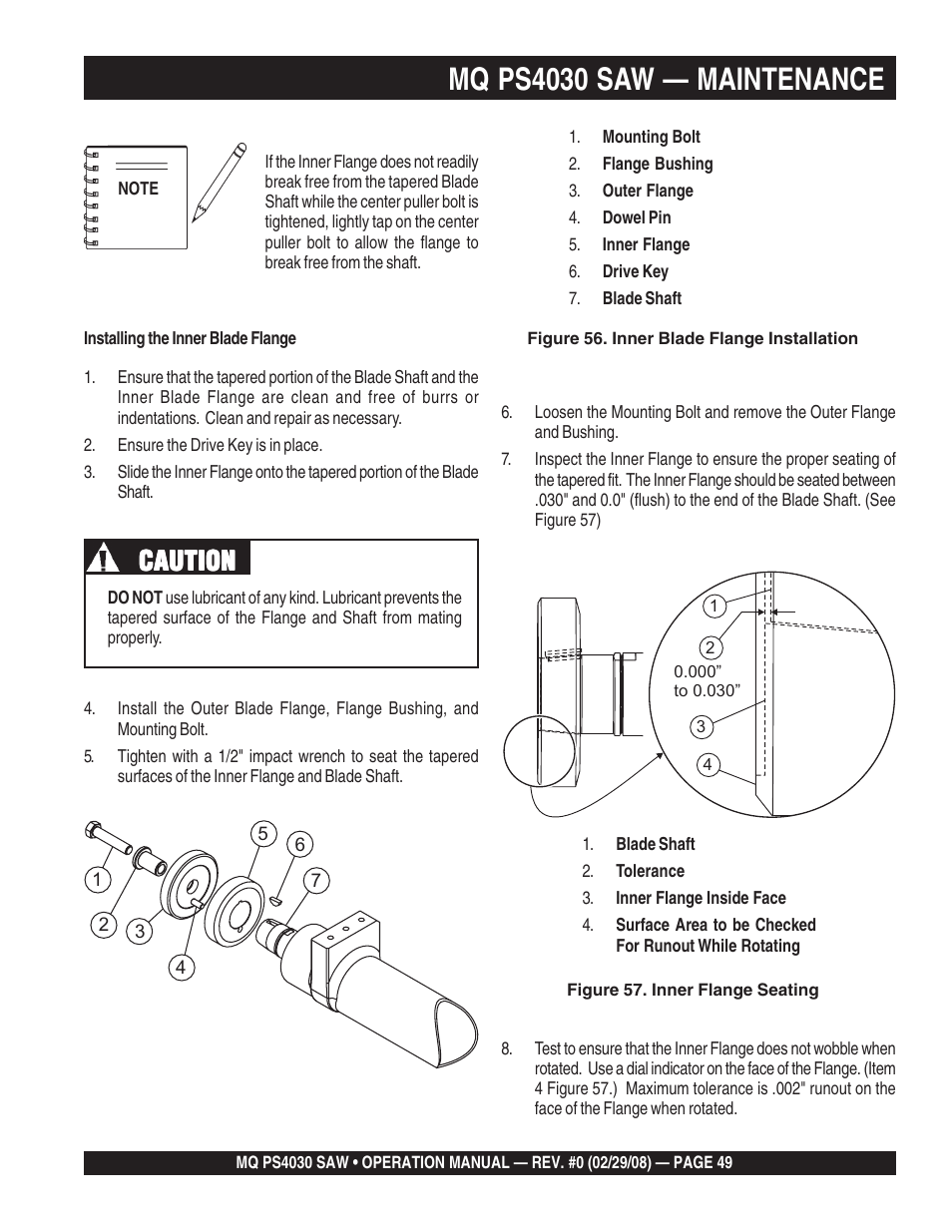 Mq ps4030 saw — maintenance, Caution | Multiquip PS403030 User Manual | Page 49 / 62