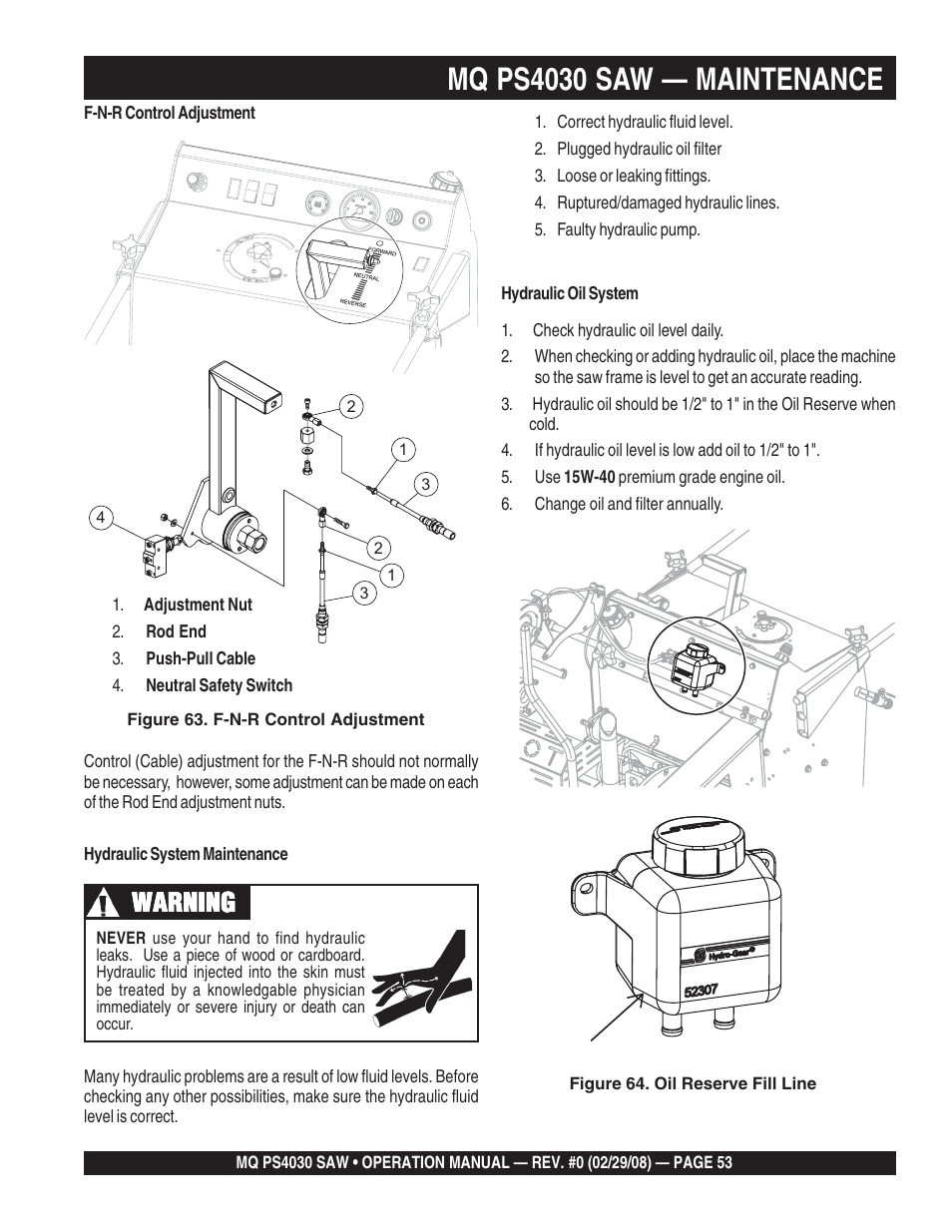 Mq ps4030 saw — maintenance, Warning | Multiquip PS403030 User Manual | Page 53 / 62