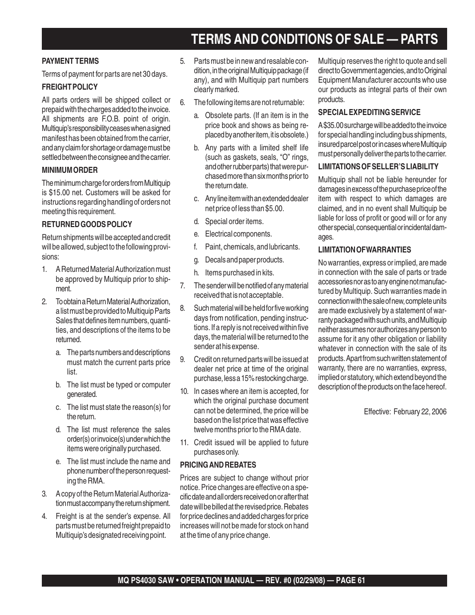 Terms and conditions of sale — parts | Multiquip PS403030 User Manual | Page 61 / 62