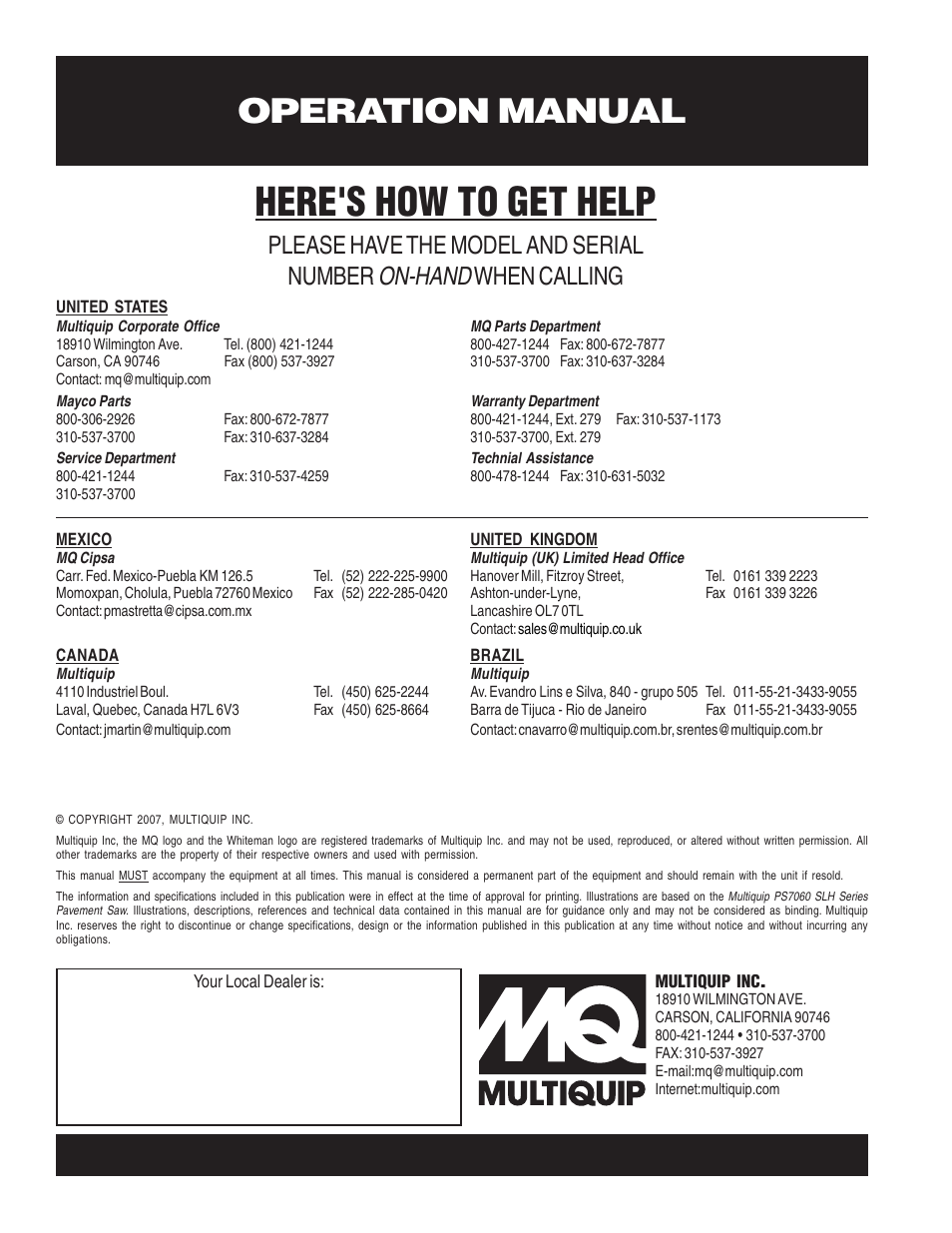 Here's how to get help, Operation manual, On-hand | Please have the model and serial number, When calling | Multiquip PS403030 User Manual | Page 62 / 62