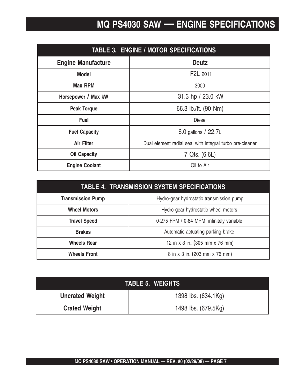 Mq ps4030 saw, Engine specifications | Multiquip PS403030 User Manual | Page 7 / 62