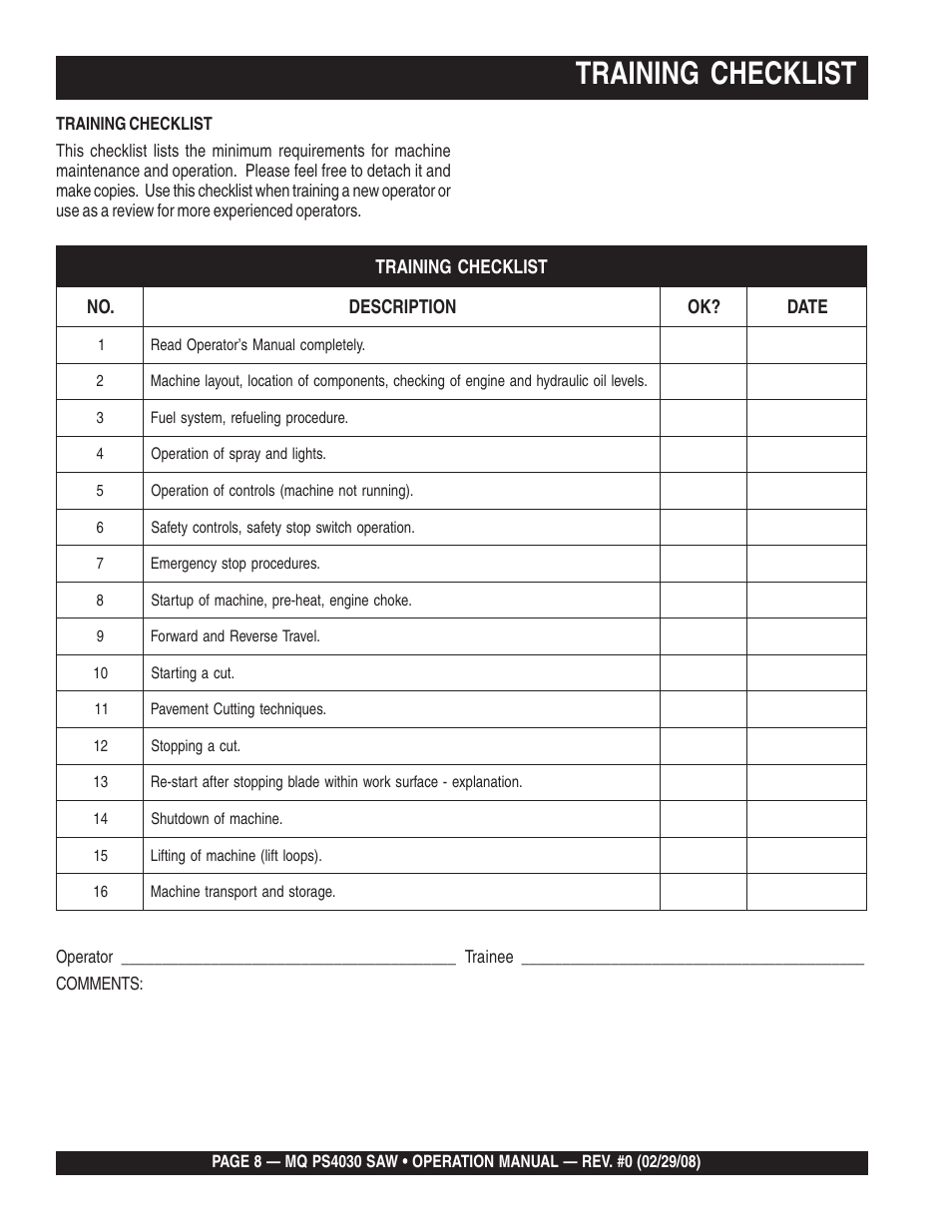 Training checklist | Multiquip PS403030 User Manual | Page 8 / 62