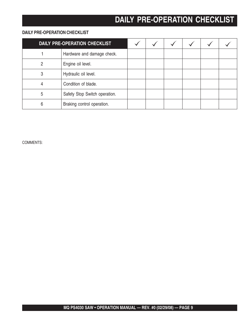 Daily pre-operation checklist | Multiquip PS403030 User Manual | Page 9 / 62