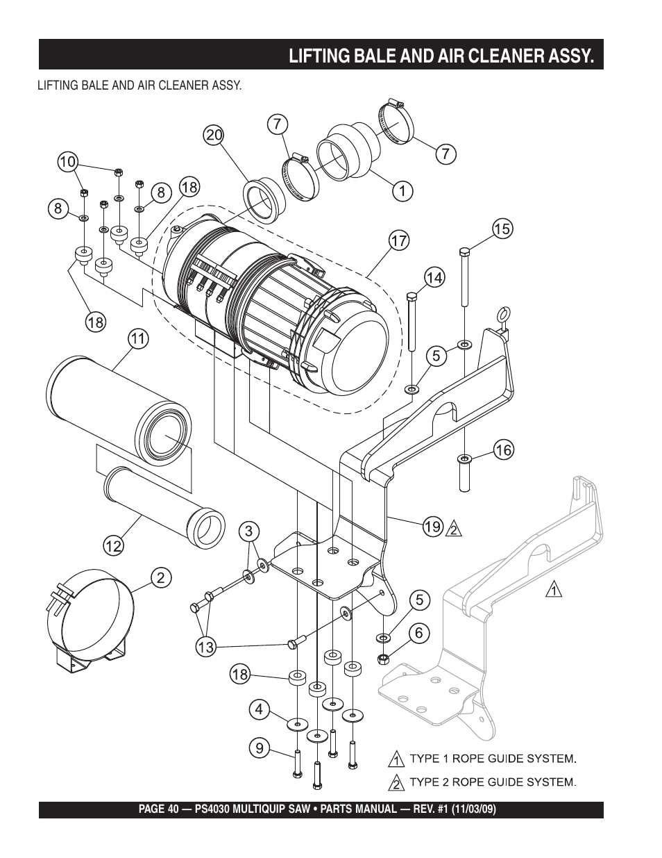 Lifting bale and air cleaner assy | Multiquip PS403030 User Manual | Page 40 / 66