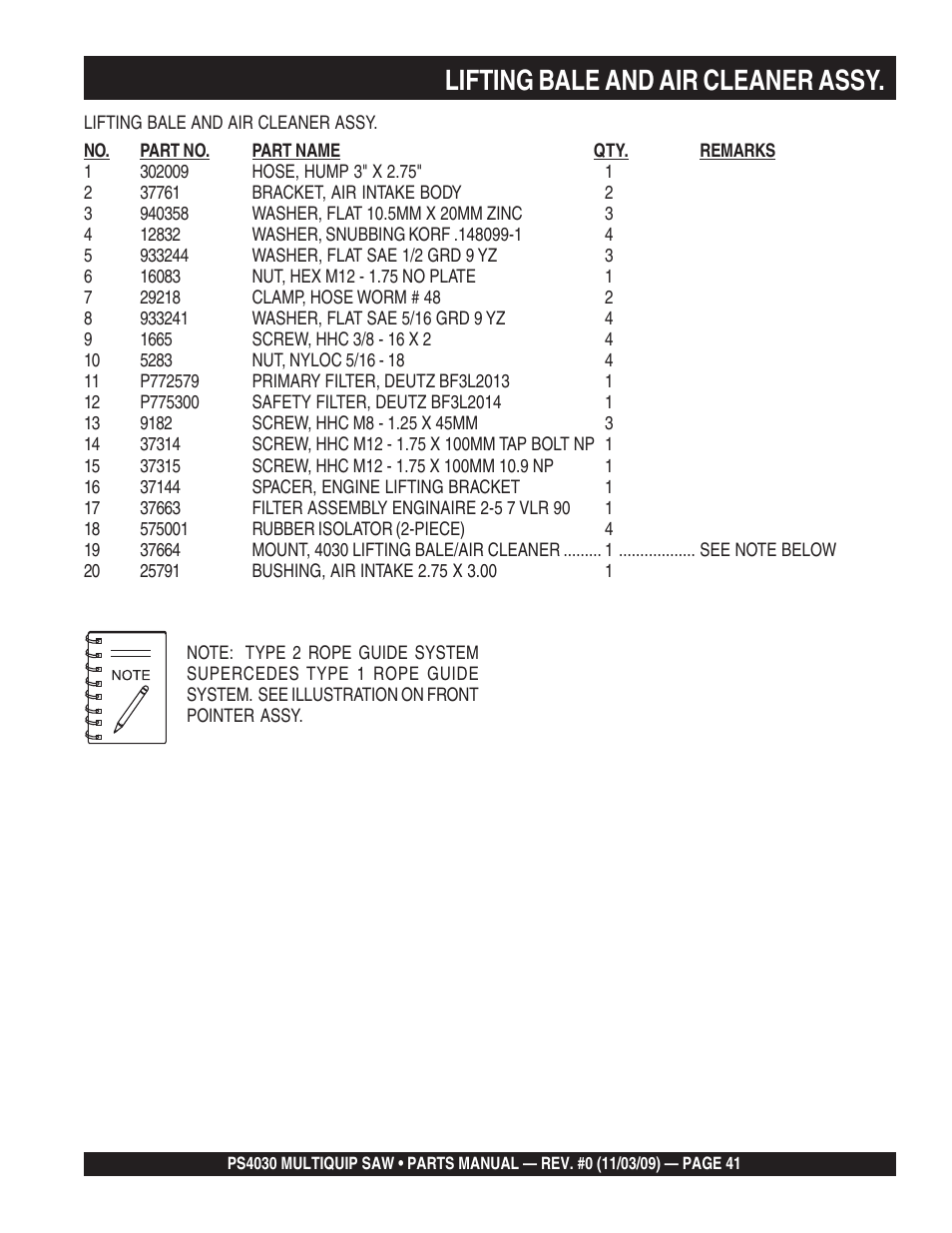 Lifting bale and air cleaner assy | Multiquip PS403030 User Manual | Page 41 / 66