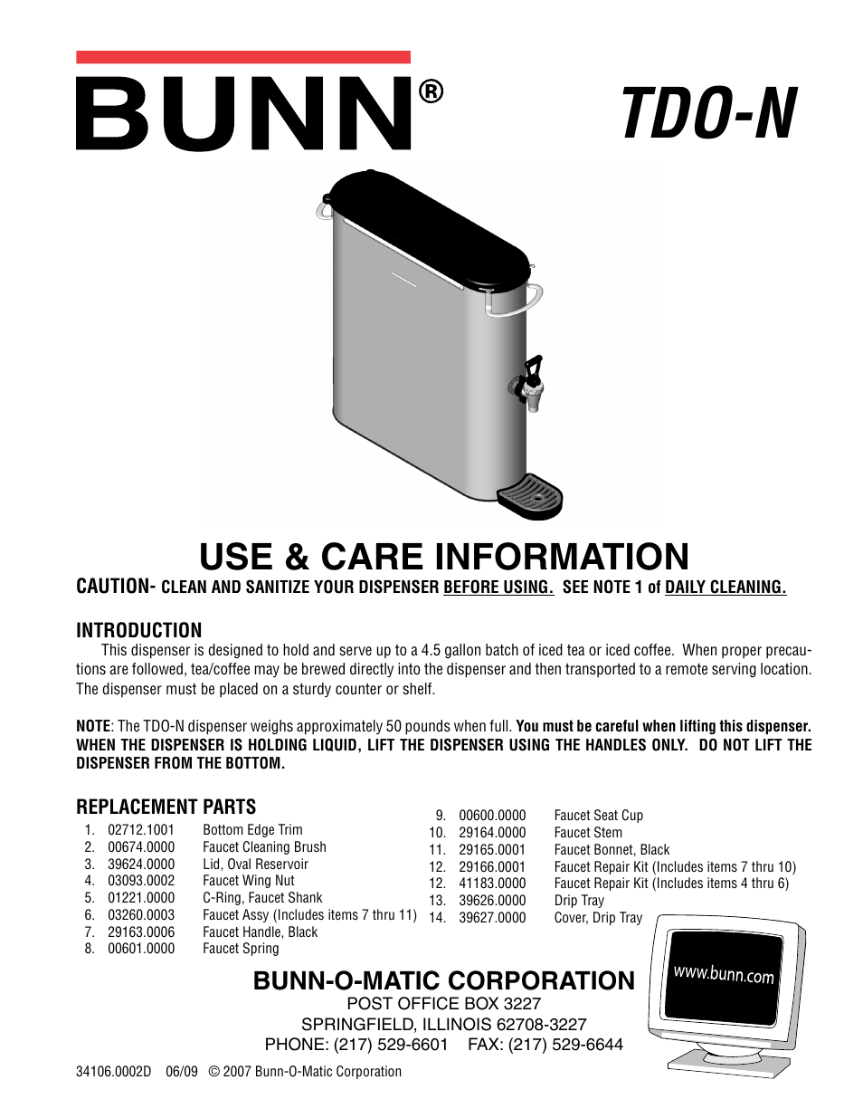 Bunn TDO-N User Manual | 2 pages