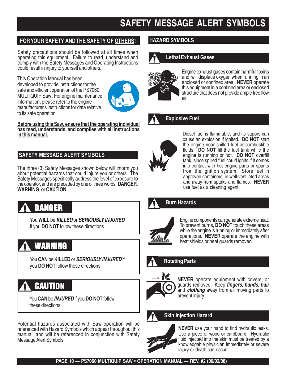 Safety message alert symbols, Cauti | Multiquip PS706036 User Manual | Page 10 / 66