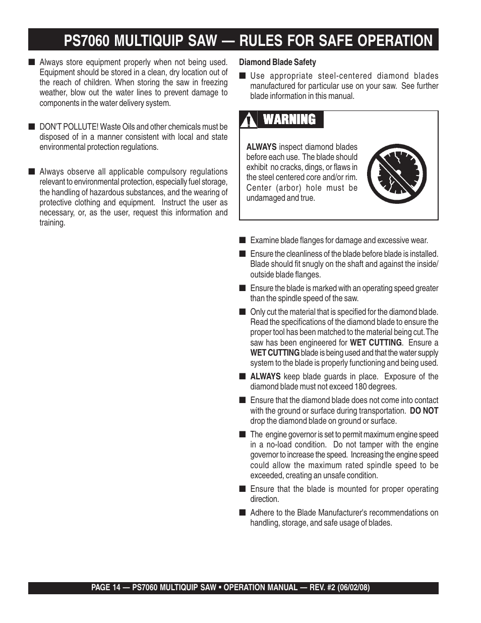 Ps7060 multiquip saw — rules for safe operation, Warning | Multiquip PS706036 User Manual | Page 14 / 66