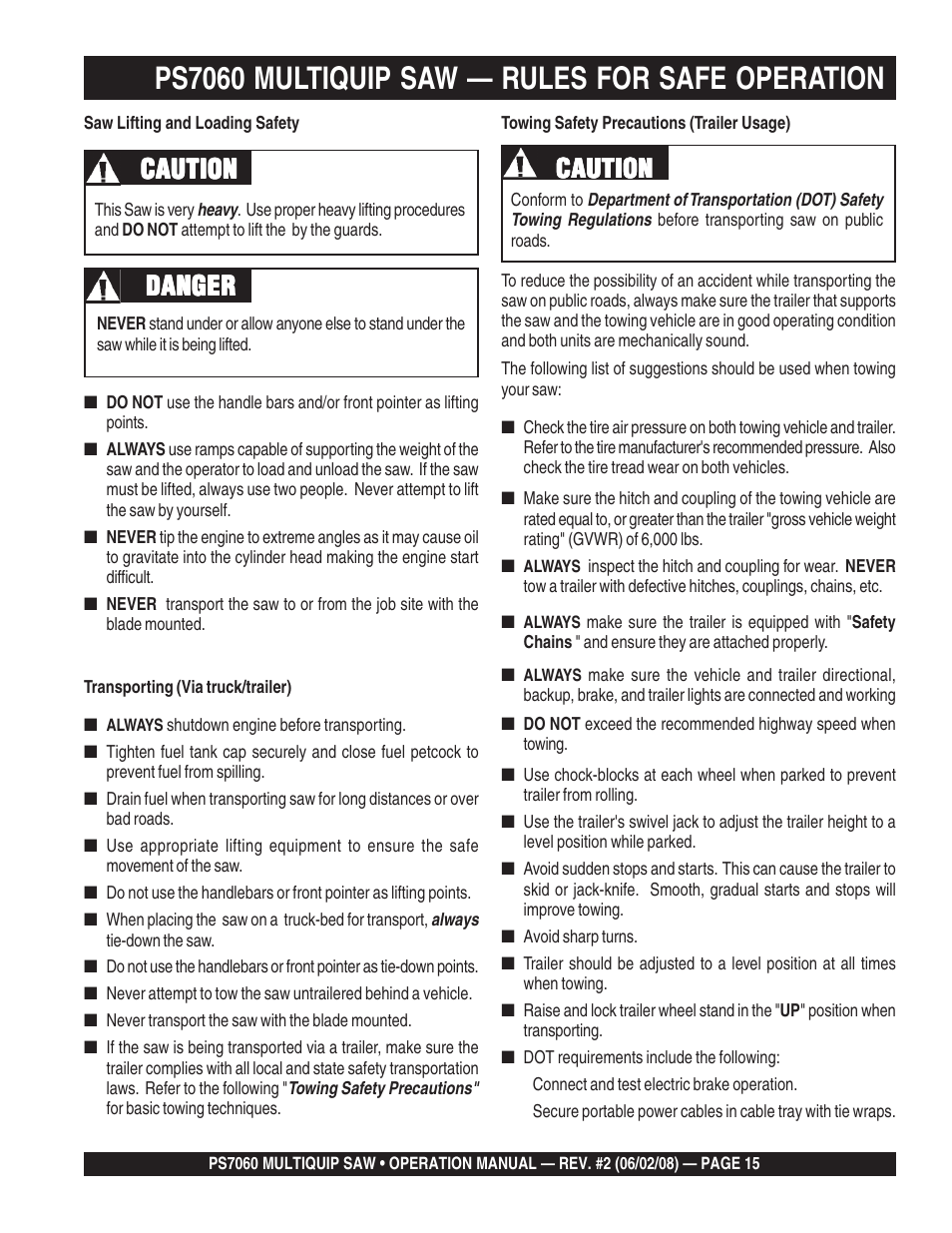 Ps7060 multiquip saw — rules for safe operation, Caution, Danger | Multiquip PS706036 User Manual | Page 15 / 66