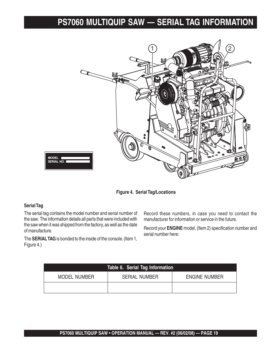 Ps7060 multiquip saw — serial tag information | Multiquip PS706036 User Manual | Page 19 / 66