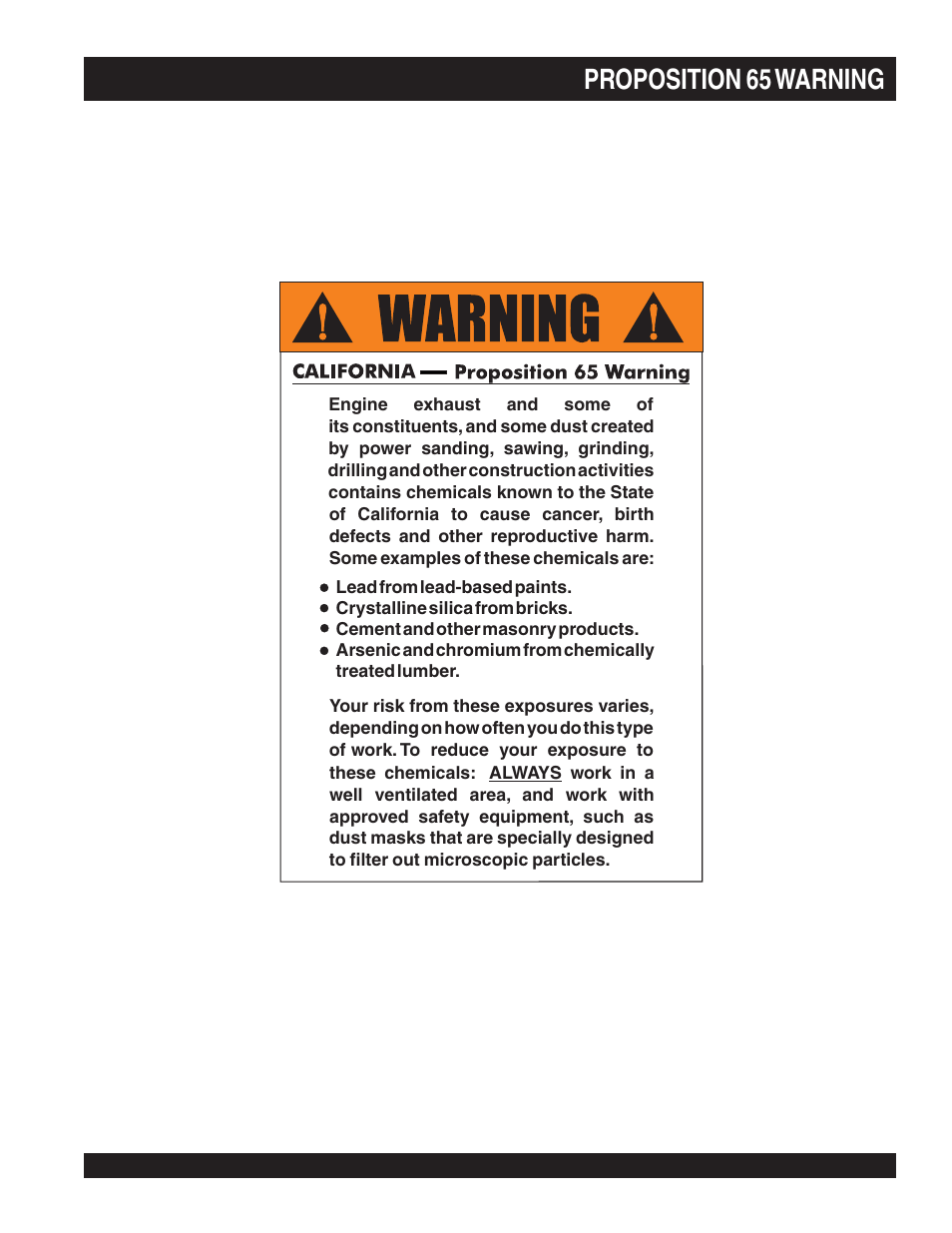 Proposition 65 warning | Multiquip PS706036 User Manual | Page 2 / 66