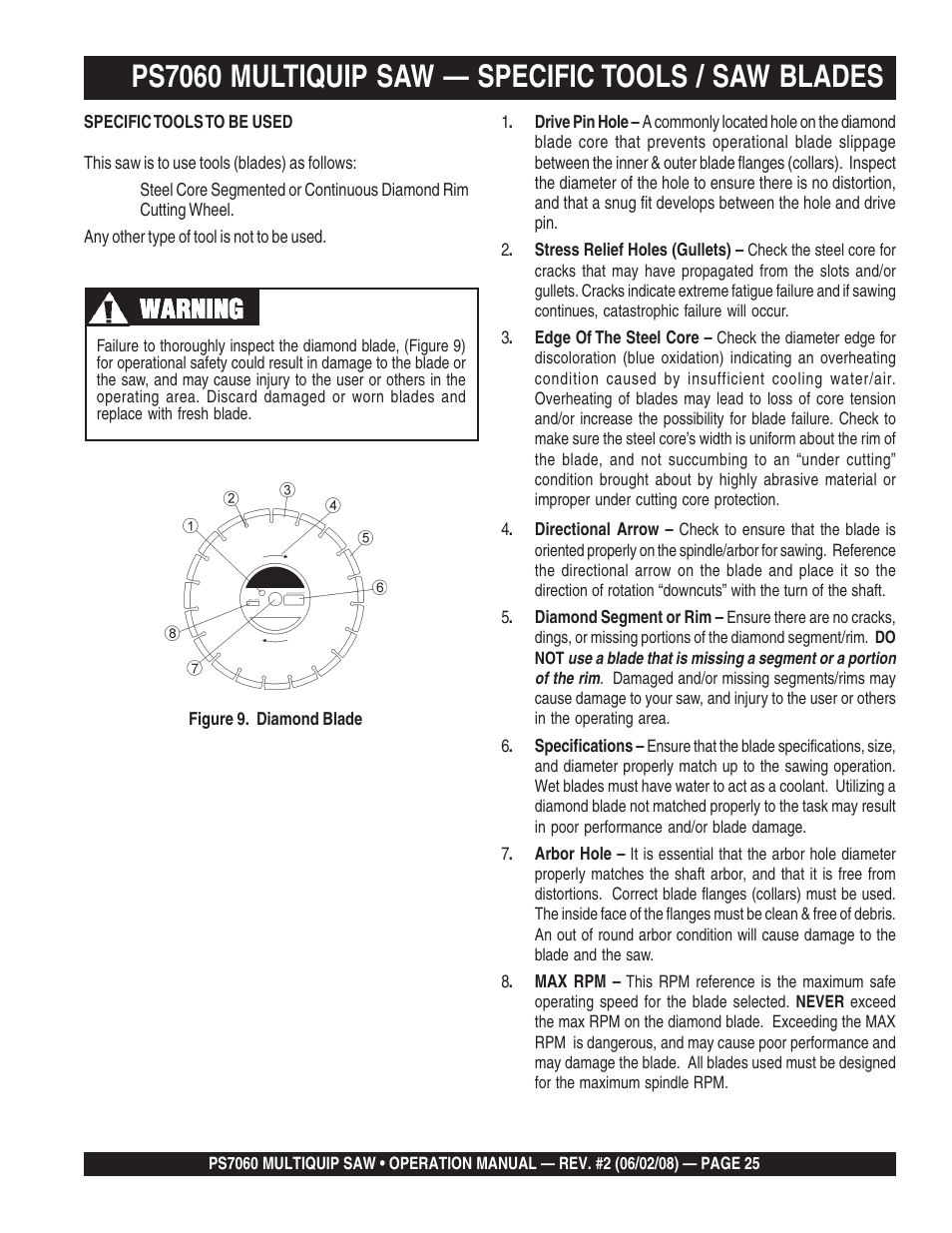 Ps7060 multiquip saw — specific tools / saw blades, Warning | Multiquip PS706036 User Manual | Page 25 / 66