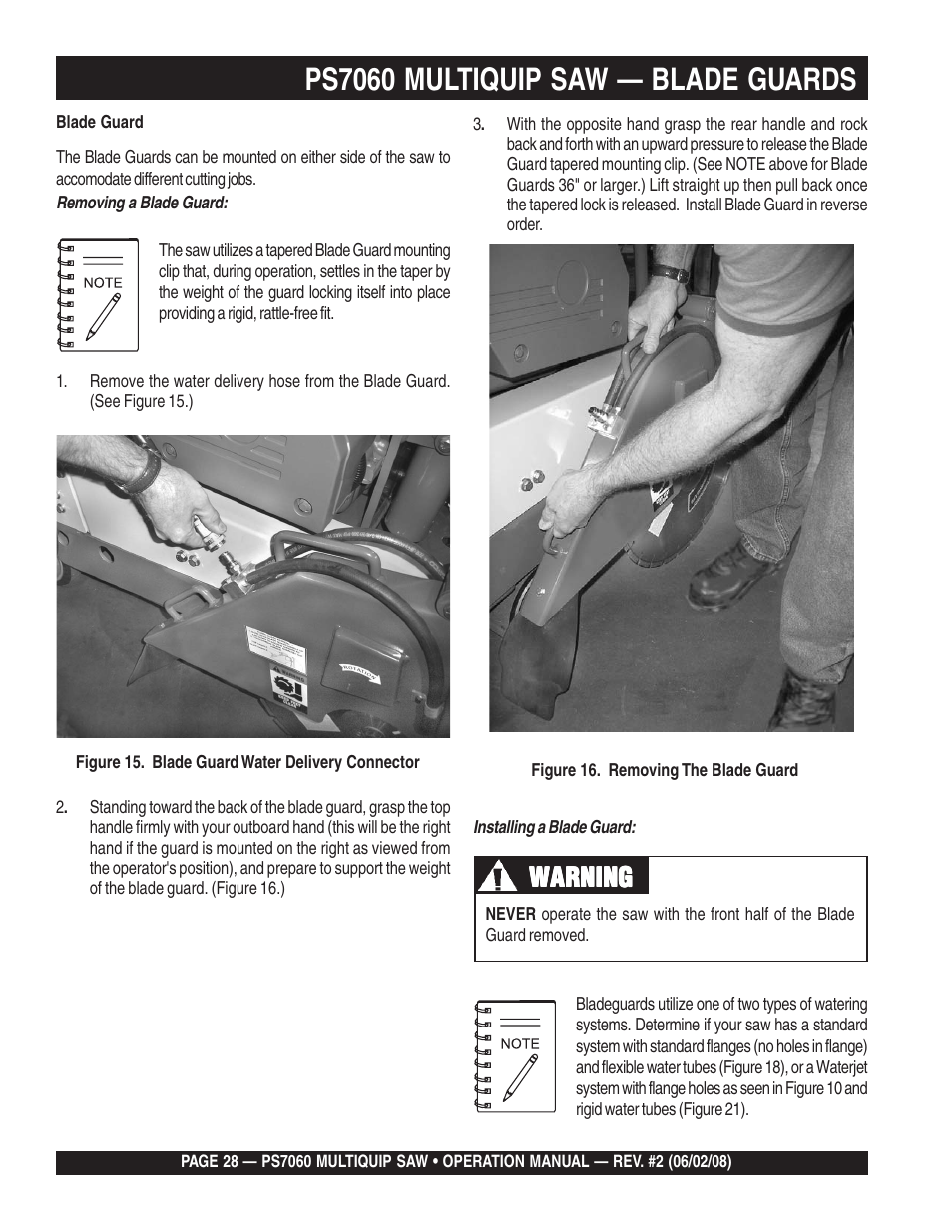 Ps7060 multiquip saw — blade guards, Warning | Multiquip PS706036 User Manual | Page 28 / 66