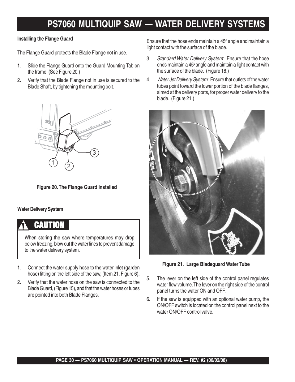 Ps7060 multiquip saw — water delivery systems, Caution | Multiquip PS706036 User Manual | Page 30 / 66