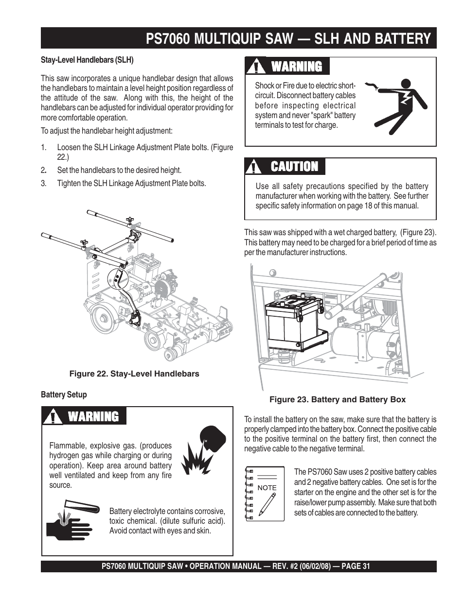 Ps7060 multiquip saw — slh and battery, Caution, Warning | Multiquip PS706036 User Manual | Page 31 / 66