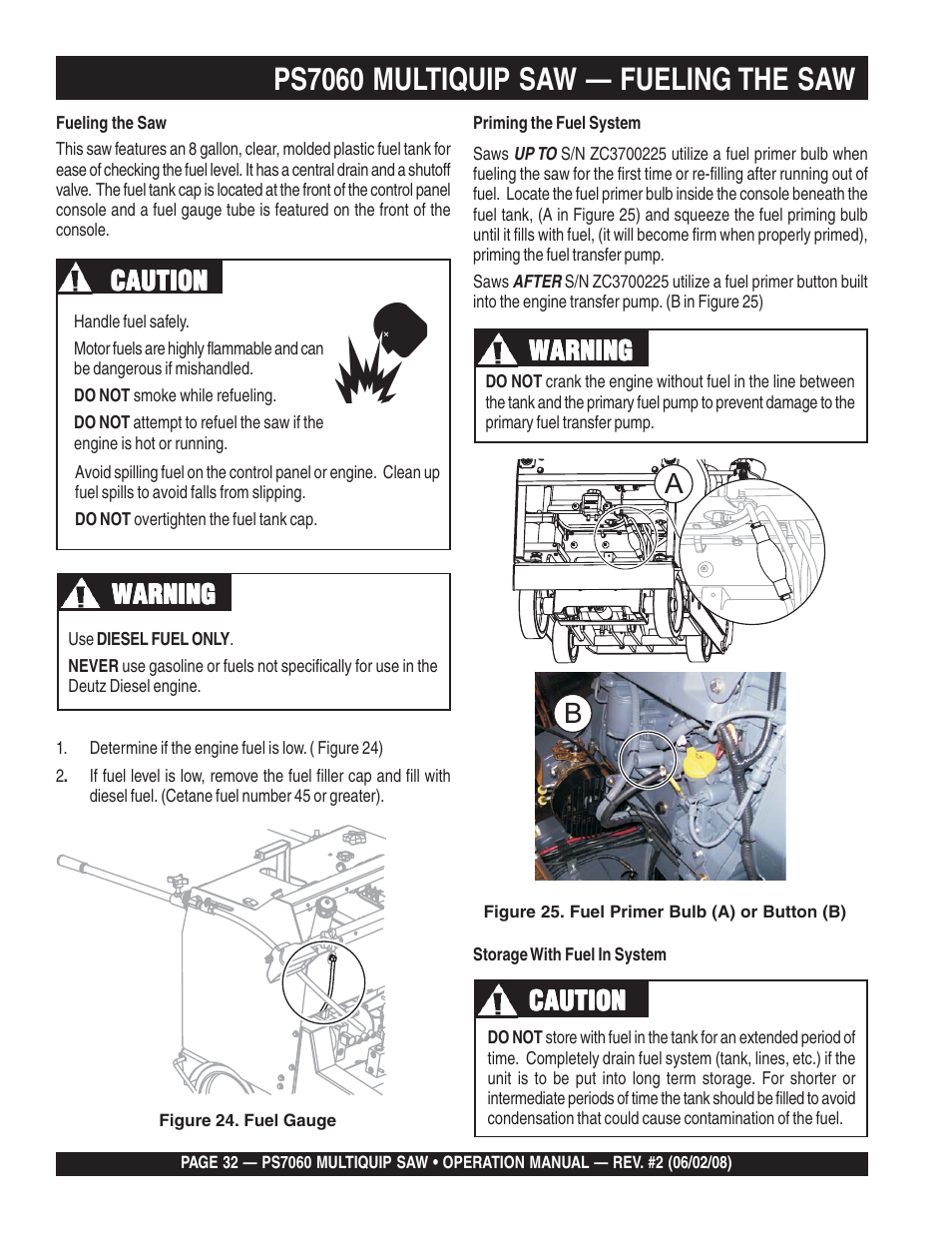 Ps7060 multiquip saw — fueling the saw, Caution, Warning | Multiquip PS706036 User Manual | Page 32 / 66