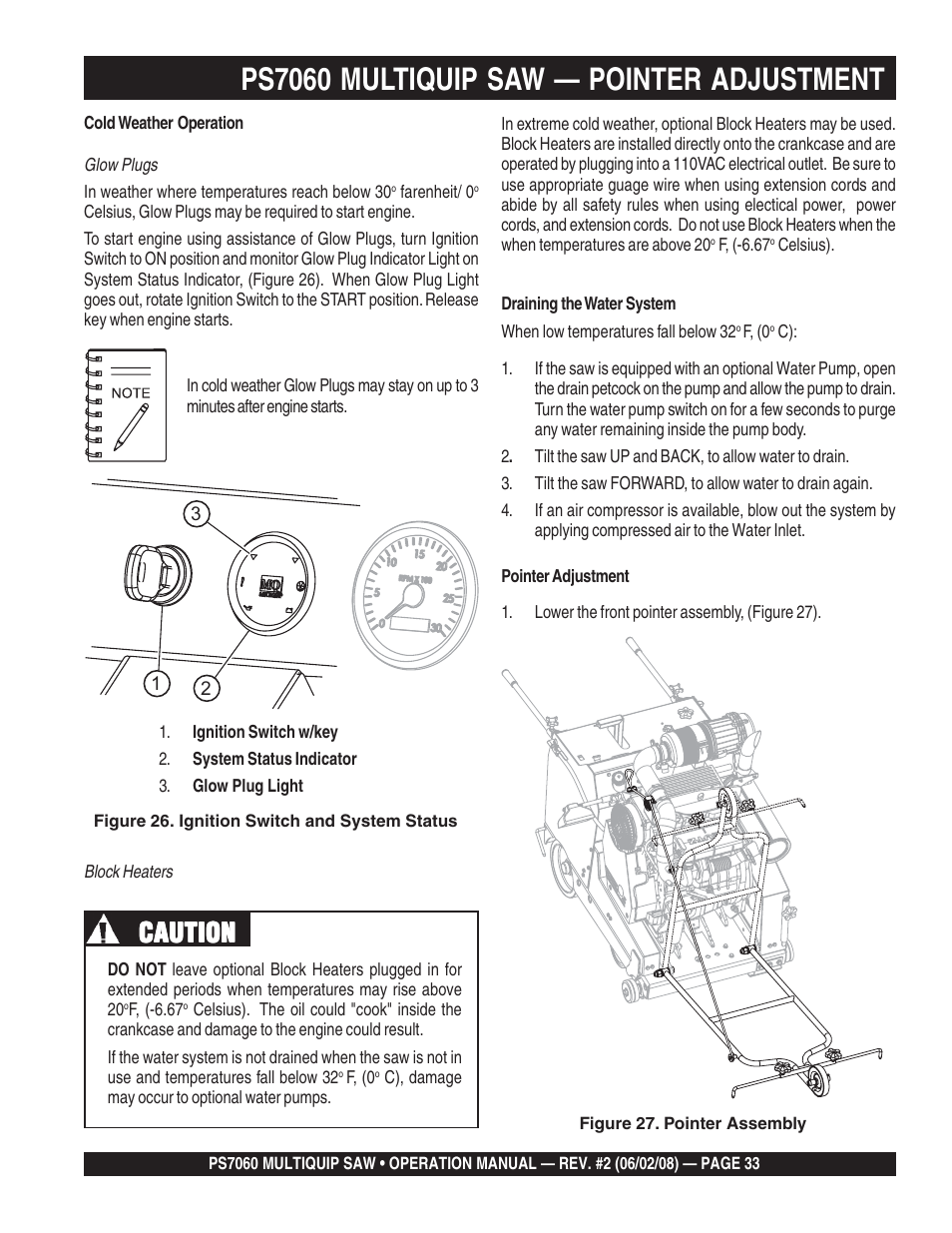 Ps7060 multiquip saw — pointer adjustment, Caution | Multiquip PS706036 User Manual | Page 33 / 66