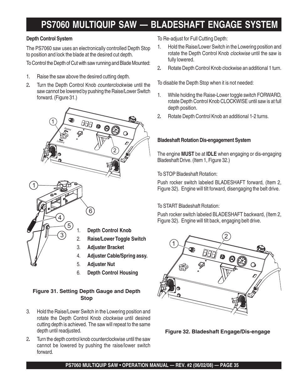 Ps7060 multiquip saw — bladeshaft engage system | Multiquip PS706036 User Manual | Page 35 / 66