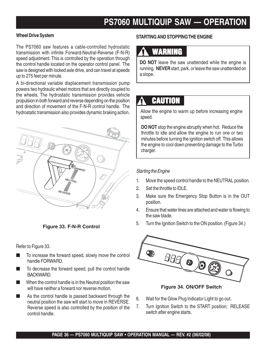 Ps7060 multiquip saw — operation, Warning, Caution | Multiquip PS706036 User Manual | Page 36 / 66