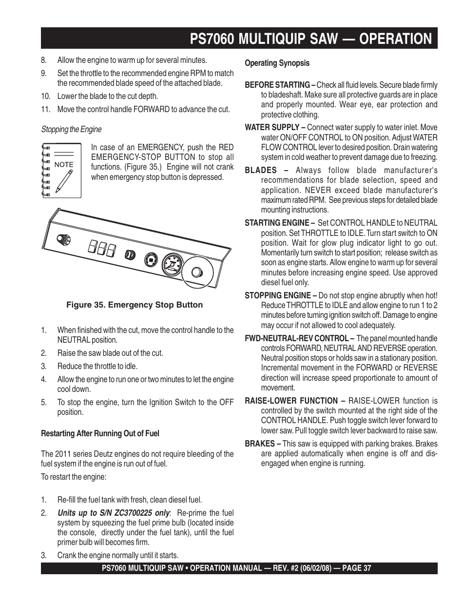 Ps7060 multiquip saw — operation | Multiquip PS706036 User Manual | Page 37 / 66