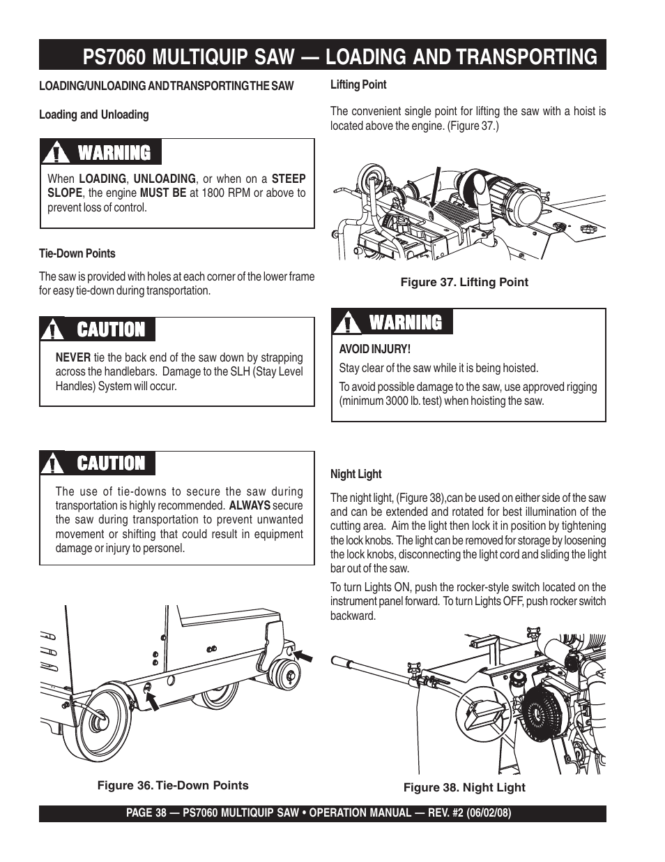 Ps7060 multiquip saw — loading and transporting, Warning, Caution | Multiquip PS706036 User Manual | Page 38 / 66