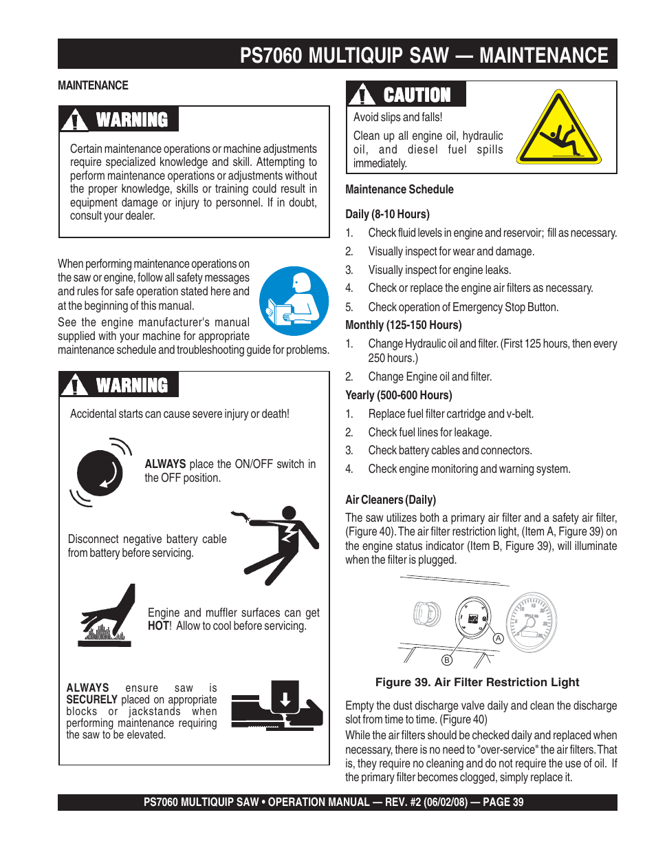 Ps7060 multiquip saw — maintenance, Warning, Caution | Multiquip PS706036 User Manual | Page 39 / 66