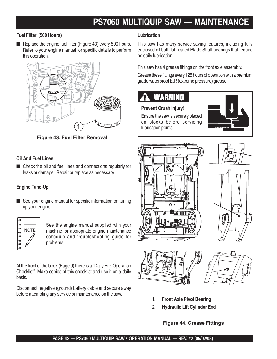 Ps7060 multiquip saw — maintenance, Warning | Multiquip PS706036 User Manual | Page 42 / 66