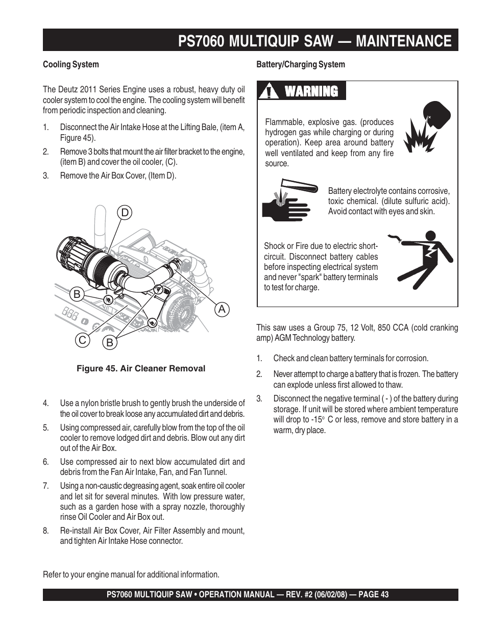 Ps7060 multiquip saw — maintenance, Warning | Multiquip PS706036 User Manual | Page 43 / 66