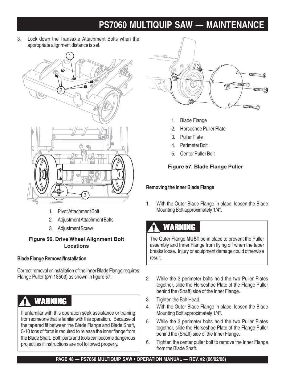 Ps7060 multiquip saw — maintenance, Warning | Multiquip PS706036 User Manual | Page 48 / 66