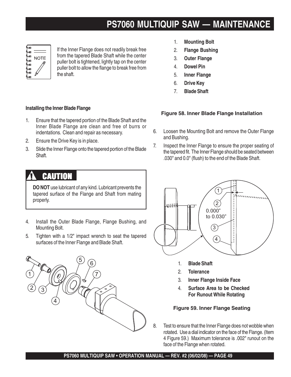 Ps7060 multiquip saw — maintenance, Caution | Multiquip PS706036 User Manual | Page 49 / 66