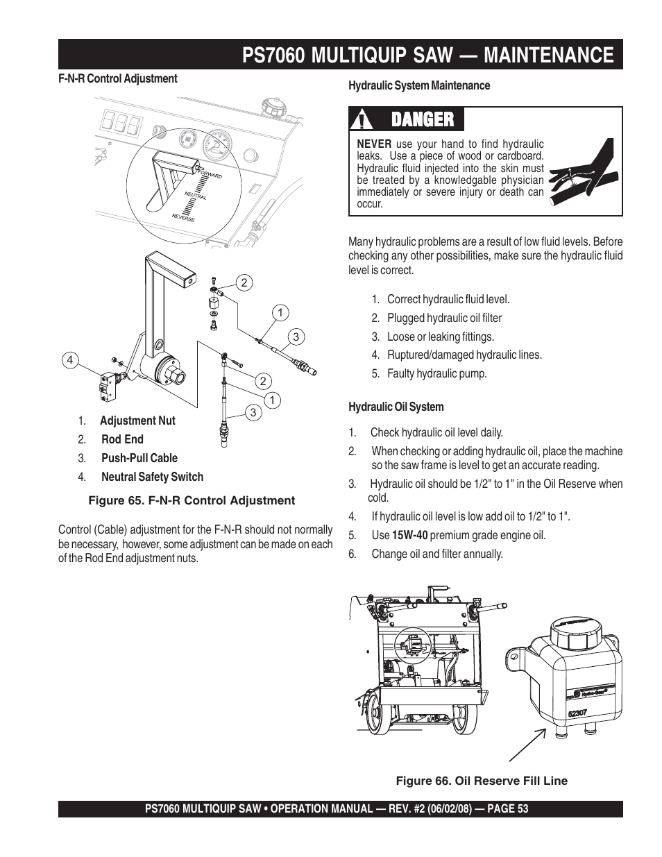 Ps7060 multiquip saw — maintenance, Danger | Multiquip PS706036 User Manual | Page 53 / 66