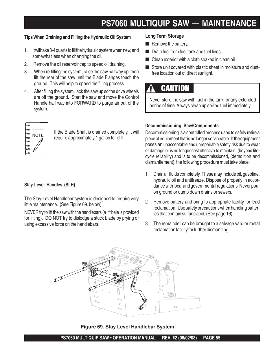 Ps7060 multiquip saw — maintenance, Caution | Multiquip PS706036 User Manual | Page 55 / 66