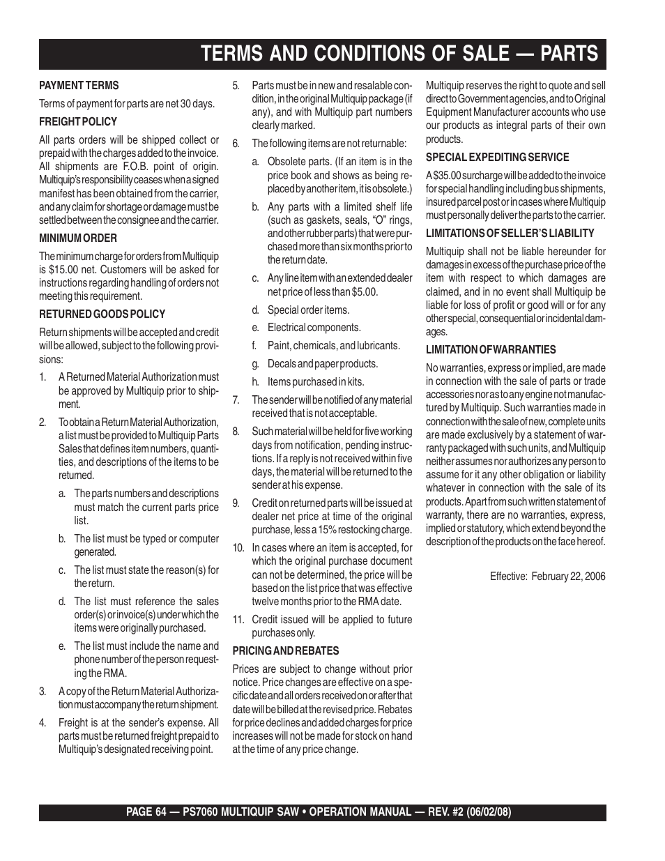 Terms and conditions of sale — parts | Multiquip PS706036 User Manual | Page 64 / 66