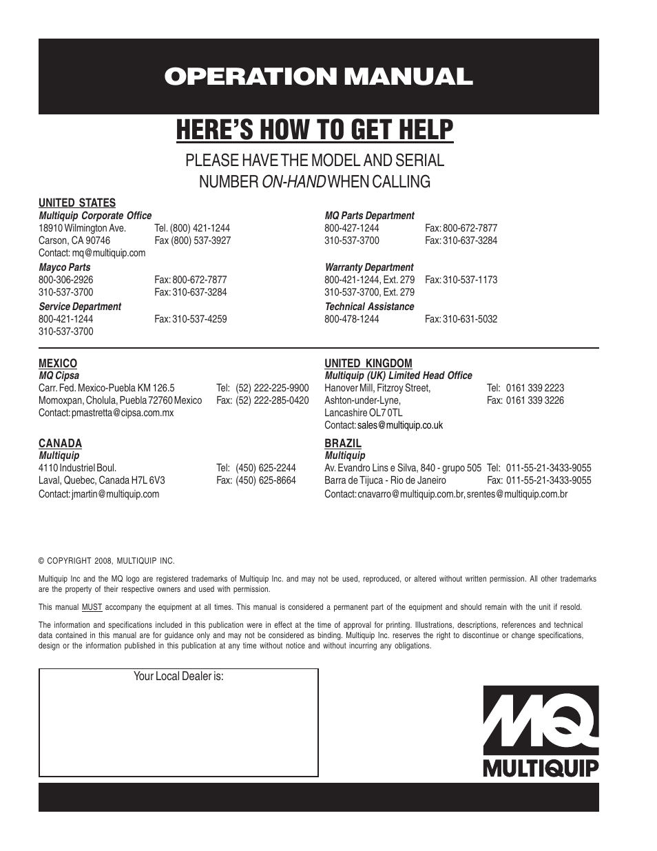 Here’s how to get help, Operation manual, On-hand | Please have the model and serial number, When calling | Multiquip PS706036 User Manual | Page 66 / 66