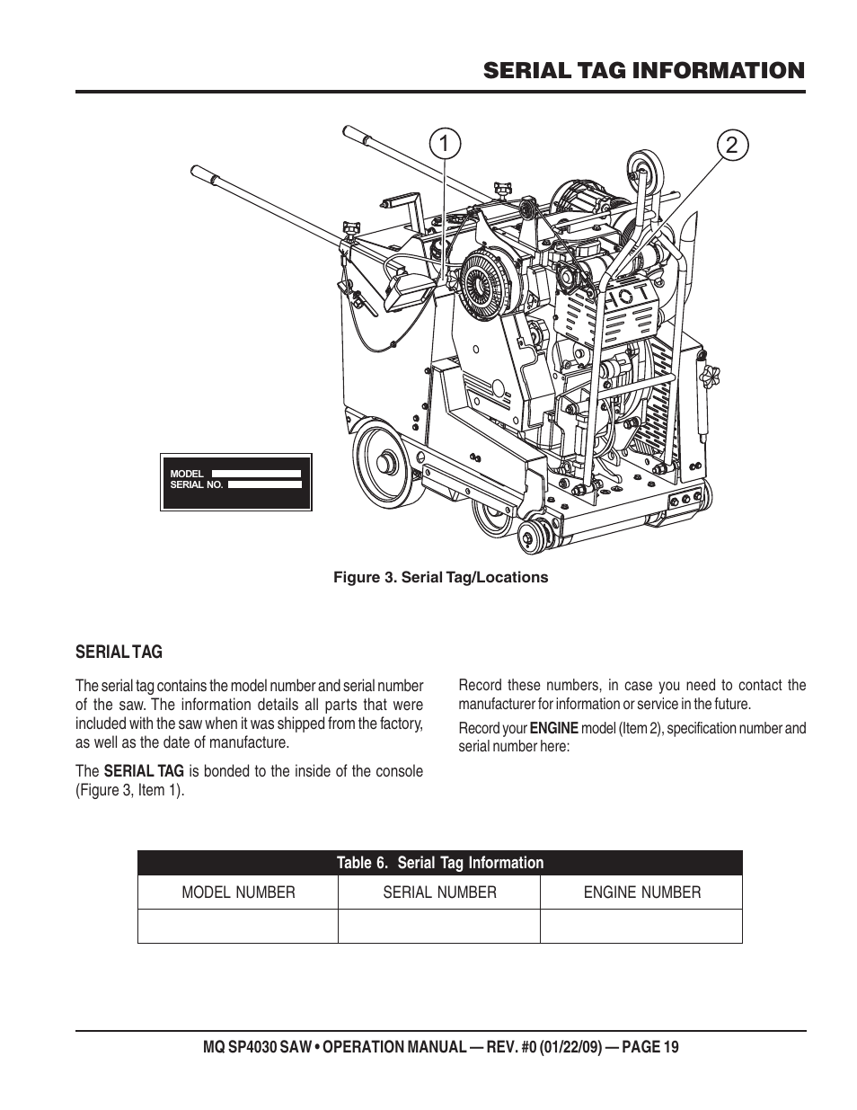 Serial tag information | Multiquip SP403030 User Manual | Page 19 / 60