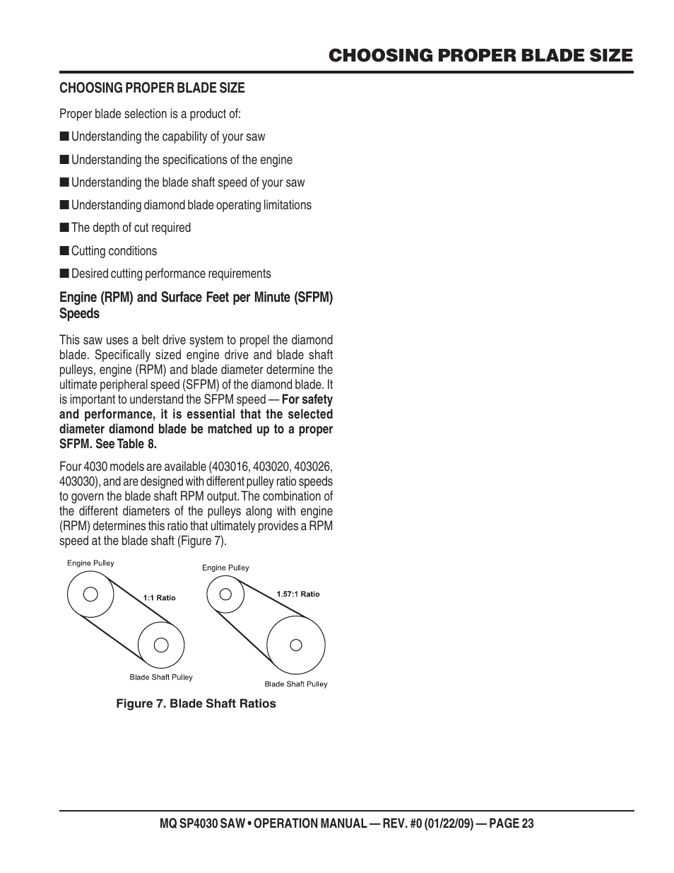 Choosing proper blade size | Multiquip SP403030 User Manual | Page 23 / 60