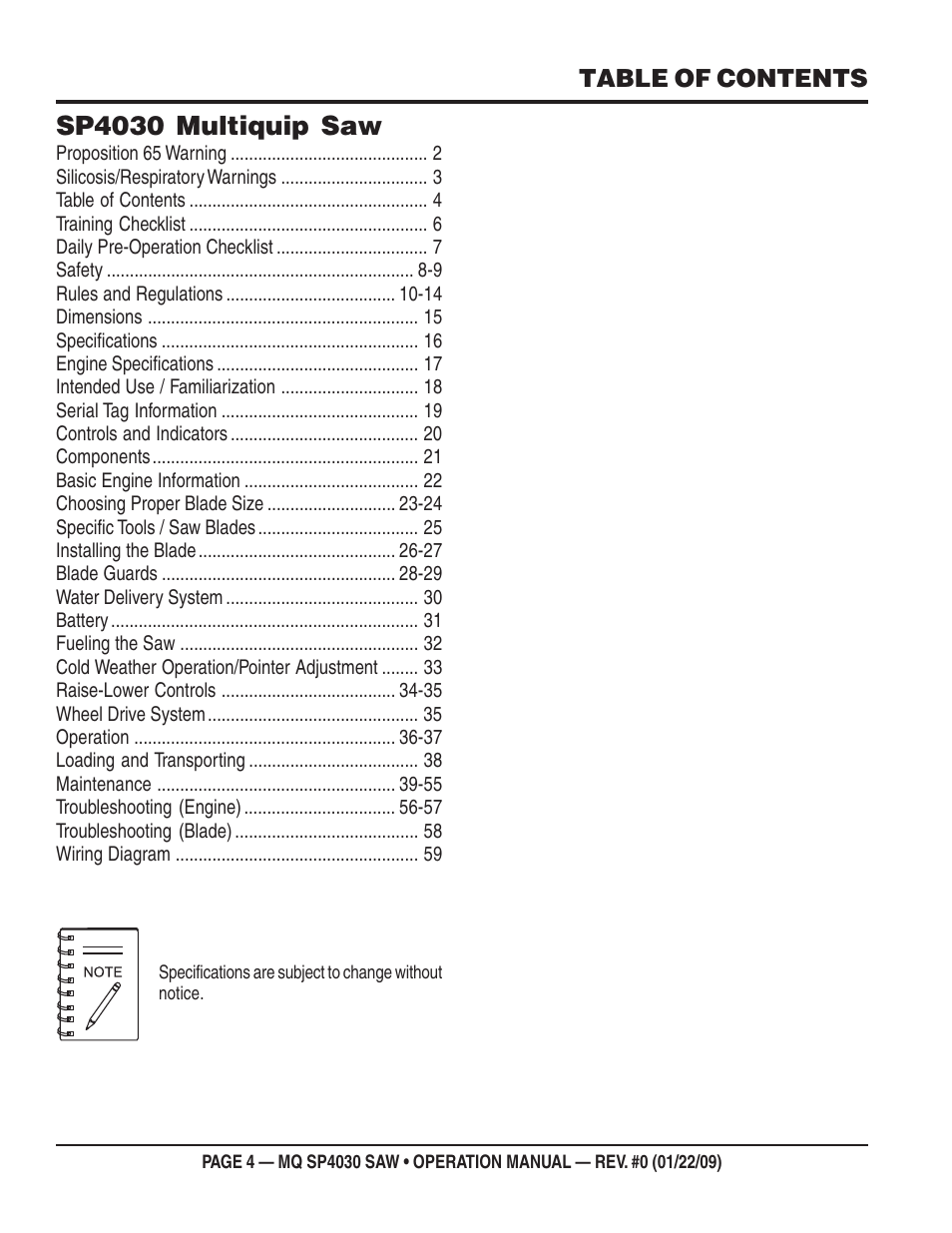 Sp4030 multiquip saw | Multiquip SP403030 User Manual | Page 4 / 60