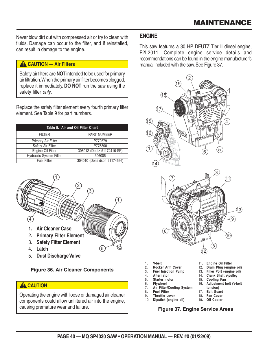 Maintenance, Engine, Figure 36. air cleaner components | Figure 37. engine service areas | Multiquip SP403030 User Manual | Page 40 / 60